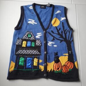 Vintage Spooky Sweater Vest Women Small Blue Halloween Haunted House Cat Pumpkin
